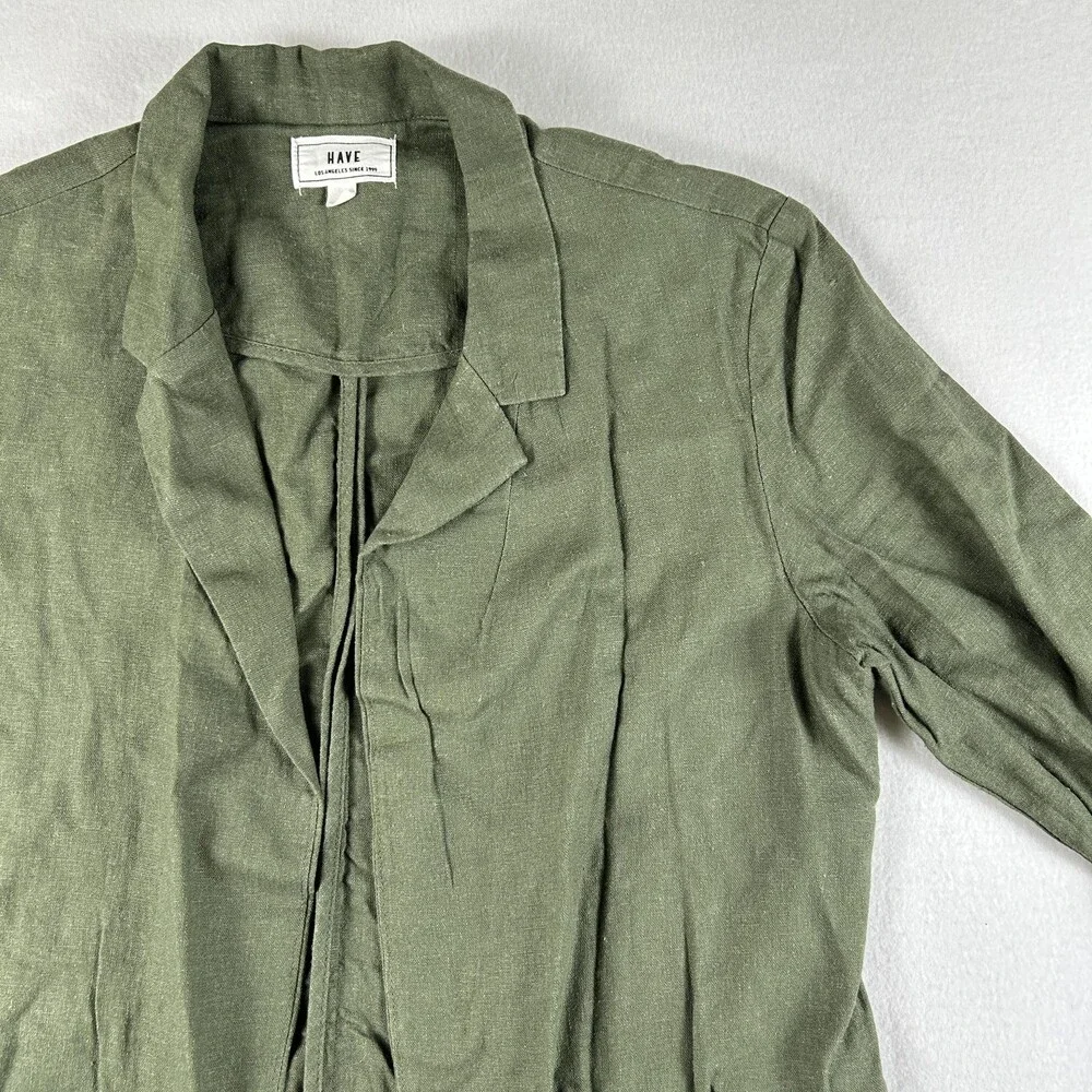 HAVE Jacket Womens Large Green Linen Blend Open Front Roll Tab Sleeves D Ring